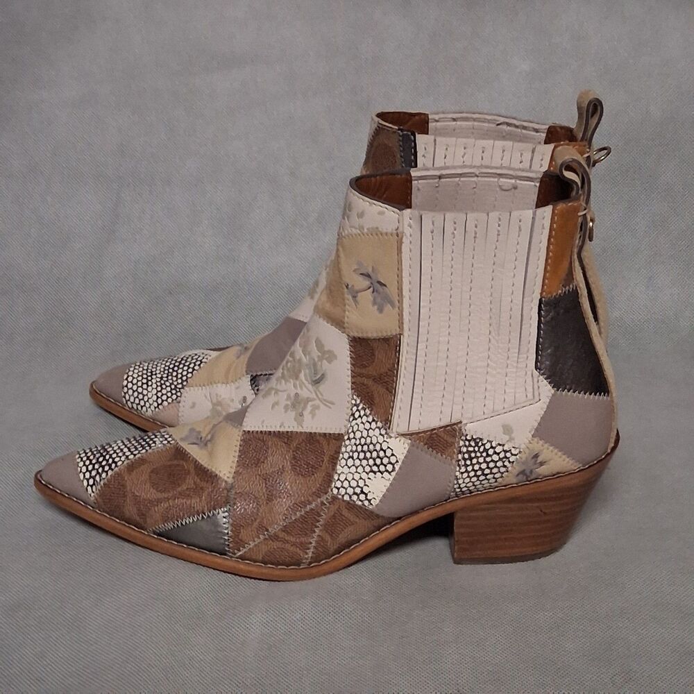 COACH Melody Ankle Boots Women's 9.5 B Beige Brown Patchwork - Picture 5 of 12